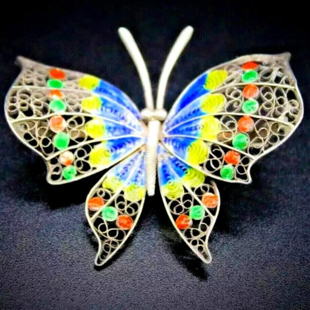 Antique Vintage Deco 800 Silver Filigree Enamel Butterfly Pin Brooch Spring